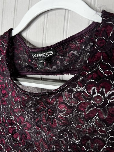 Express Dress Womens Large Black Burgundy Metallic Floral Lace Long Sleeve Party - Picture 3 of 13