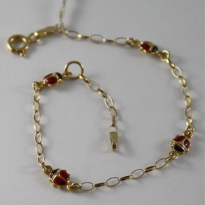 Miore Bracciale Bambini Oro Giallo 9K (375) Con 2 Coccinelle Smaltate – Lunghezza 14 Cm (12+2 Cm Di Catena) – Gioiello Artigianale Italiano