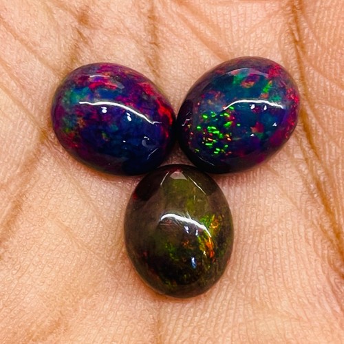3 Stck. Natürlicher Äthiopischer Schwarz Opal 11x9 mm Oval Auffällig Lose Cabochon Edelsteine - Bild 1 von 15