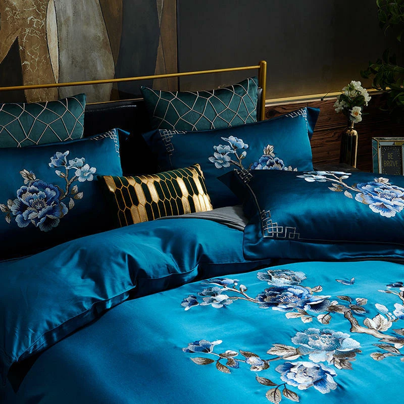 4pcs Bedding Set Luxury Real Silk & Cotton Embroidery Duvet Cover Set Flat Sheet - Image 4 of 4