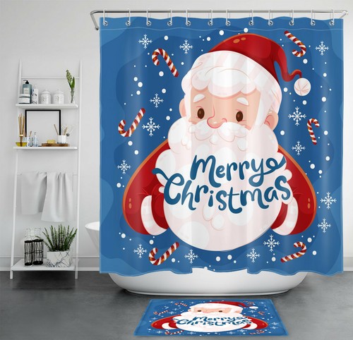 Merry Christmas Shower Curtain Funny Santa Snowflake Cane Bathroom Accessory Set - Picture 15 of 25