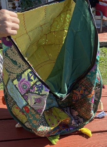 Boho Bohemian Moroccan Handmade Fringe Footstool Cover Green Patchwork NEW - Picture 12 of 19