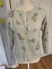Vtg Embroidered Cardigan Sweater Green Floral Cottage Core Grandma NO Tags