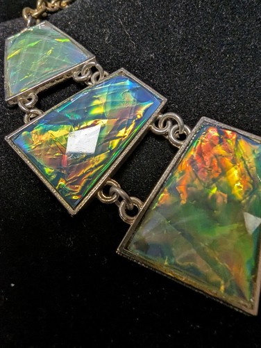 Vintage Iridescent Green Statement Necklace Metal Sliver Tone 18" - Picture 4 of 8