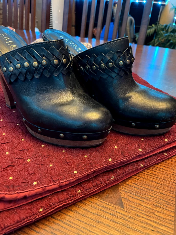Ralph Lauren Vintage Cuero Negro Mula Madera Tacones 8 Nunca Usados Exterior Foto 2 de 4
