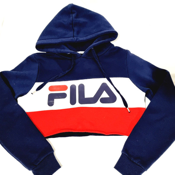 FILA Women Cropped Hooded Jumper Blue White Red Striped Logo Hooded Size XS