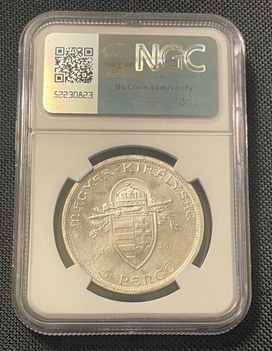 Hungary - 1938 Silver 5 Pengo (NGC Unc Details) - Popular - Picture 4 of 4
