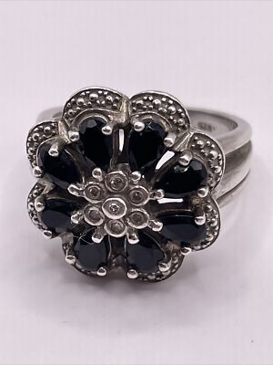 Black Onyx Diamond Marcasite 925 Sterling Silver Flower Ring