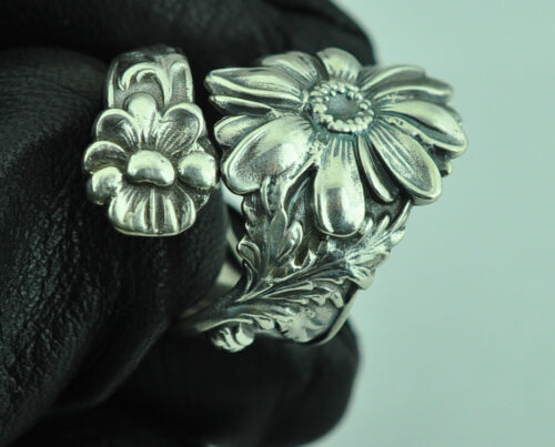 Large Solid 925 Sterling Silver Daisy Flower Floral Adjustable Spoon Ring - Picture 2 of 6