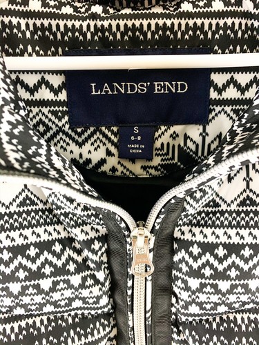 Lands End Puffer Down Filled Womens Size Small 6 - 8 Black White Fair Isle Vest - Picture 2 of 6