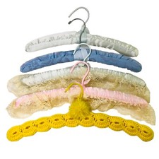 Vintage 70s Hand Crocheted Yarn Satin Lace Bow hangers Pink Blue Yellow Lot of 5