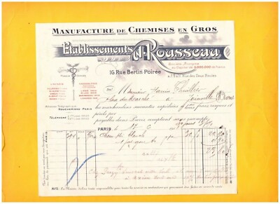 PARIS (I°) SHIRT / SHIRT FACTORY ''Ets. A. ROUSSEAU'' Invoice in 1911