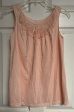 LORRAINE Peach Sleeveless Embroidered Floral Lace Neck Nightie Nightgown S VTG