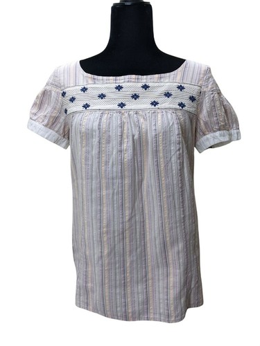 Amish - Handmade Blouse Embroidered Cap Sleeve Beige Women's Size Large