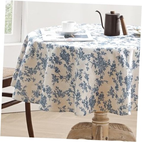 Rustic Floral Round Tablecloth 55 Inch, Machine Washable Cotton Linen - Picture 1 of 8