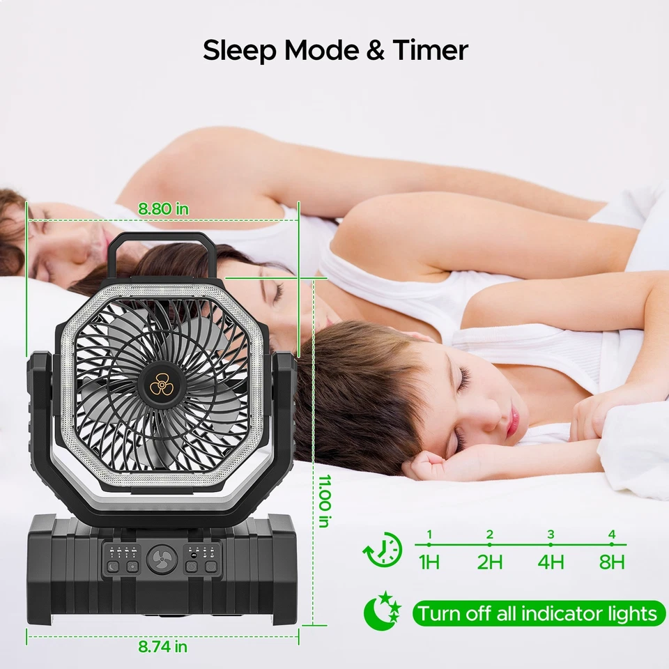 20000mAh Battery operated camping fan with LED light, 4 speeds, with hooks - Image 4 of 4