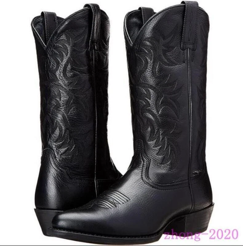 Botas informales para hombre bordadas de tacón cubano punta puntiaguda occidental imitación cuero media pantorrilla Foto 2 de 4