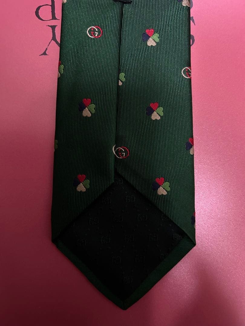 Gucci Heart Pattern Clover Interlocking Tie Green… - image 4