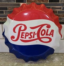Vintage 1990s Embossed Pepsi Cola Bottle Cap 11” Metal Sign - Stout Marketing