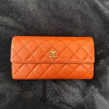 Chanel Orange Leather Quilted Long Wallet Used