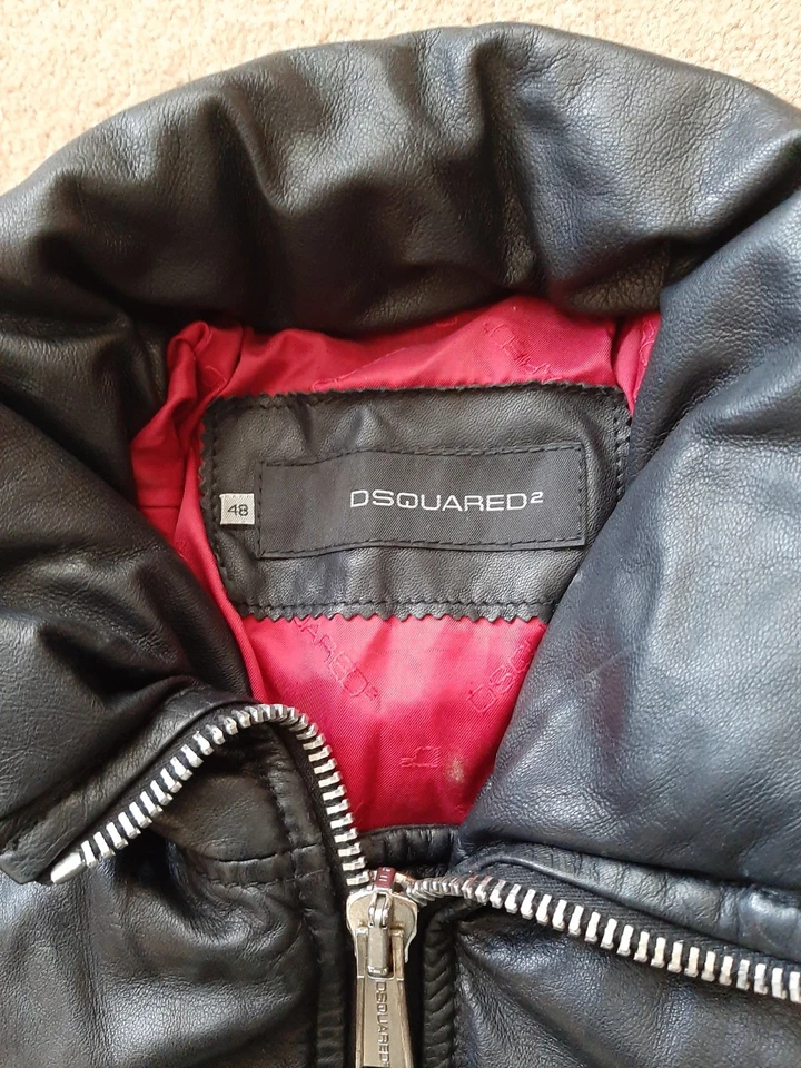 DSQUARED Black Leather Biker Puffer Jacket Down Filling Designer Womens Size 48 - Image 2 of 4