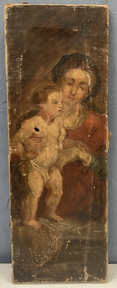 Tableau Ancien Huile à Restaurer Portrait de La Vierge et l’Enfant XVIIIe Siècle - Photo 3/4