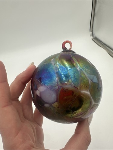 Grande Decorazione Natalizia Vetro Soffiato a Mano Iridescente Viola Verde Blu Vintage - Foto 4 di 18