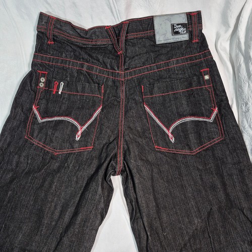 5IVE JUNGLE & CO JEANS BLACK W HEAVY RED WHITE STITCHING BAGGY SKATE 34x30 - Picture 2 of 16