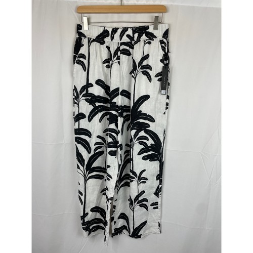 Pantalone donna Tahari 100% lino pull on gamba larga nero foglie tropicali taglia L