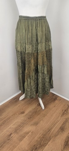 Vintage Flared Gypsy Skirt Green Gold Patchwork Italy Exquisite O/S Fits S/M - Picture 4 of 9