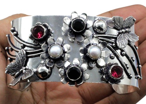 925 Sterling Silver Spinel & Pearl Gemstone Jewelry Cuff Bracelet S-ADJ" - Picture 2 of 7