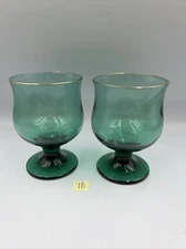 2 Vintage Libbey Juniper Green Tulip Water Wine Rocks Glasses Goblets Gold Trim