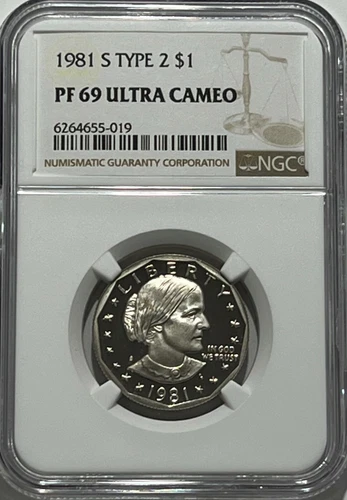 1981 S $1 Type 2 NGC PF69 Ultra Cameo Proof Susan B. Anthony Dollar SBA Flat S