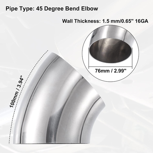 2Pcs OD 3 Inch 45 Degree SS304 Stainless Steel Bend Tube Exhaust Elbow Pipe for - Picture 3 of 7