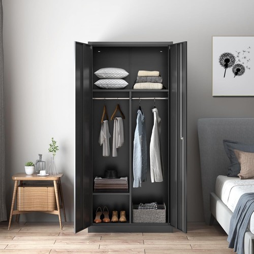 Armoire Wardrobe Closet Storage Cabinet with Shelves & Hanging Rail Closet Black - Picture 7 of 15