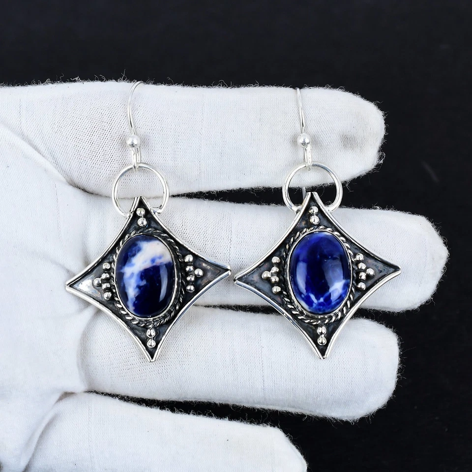 Naturale Sodalite Gemma 925 Argento Sterling Gioielli Fatto Donna Orecchini - Immagine 2 di 4