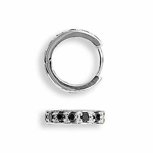 Da Uomo Stretto Orecchino a Cerchio Zirconi Cubici Neri Argento Sterling 925 - Immagine 2 di 2