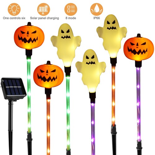 Confezione da 6 luci solari Halloween zucca fantasmi giardino palo per decorazione Halloween Stati Uniti - Foto 2 di 14