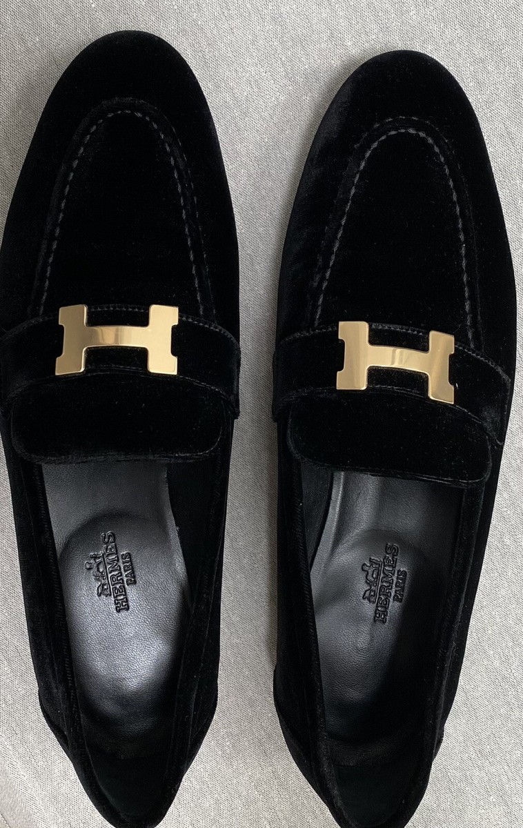 HERMES ブラック スエード ローファー HERMES エルメス ローファー エヴリン Hロゴ パンチング