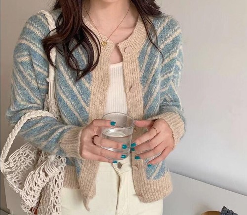 Womens New Fashion Winter Crew Neck Long Sleeve Stripe Kniting Cardigan Sweaters - Bild 11 von 15