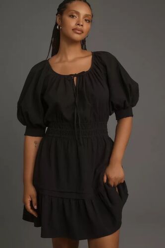 Anthropologie NWT 1X Somerset Mini Dress Puff Sleeve Black Plus Size Smock Waist - Picture 3 of 11