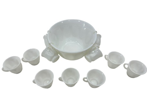 Vintage Anchor Hocking Ivory Milk Glass Punch Bowl Set Cups Party Eggnog - Picture 6 of 23