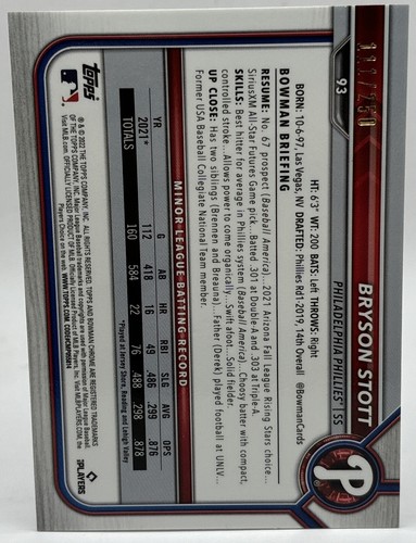 2022 Bowman Chrome - Bryson Stott - Purple Refractor /250 - Rookie (RC) Phillies - Picture 2 of 3