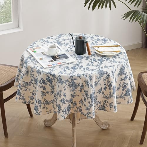 Rustic Floral Round Tablecloth 55 Inch, Machine Washable Cotton Linen - Picture 3 of 8
