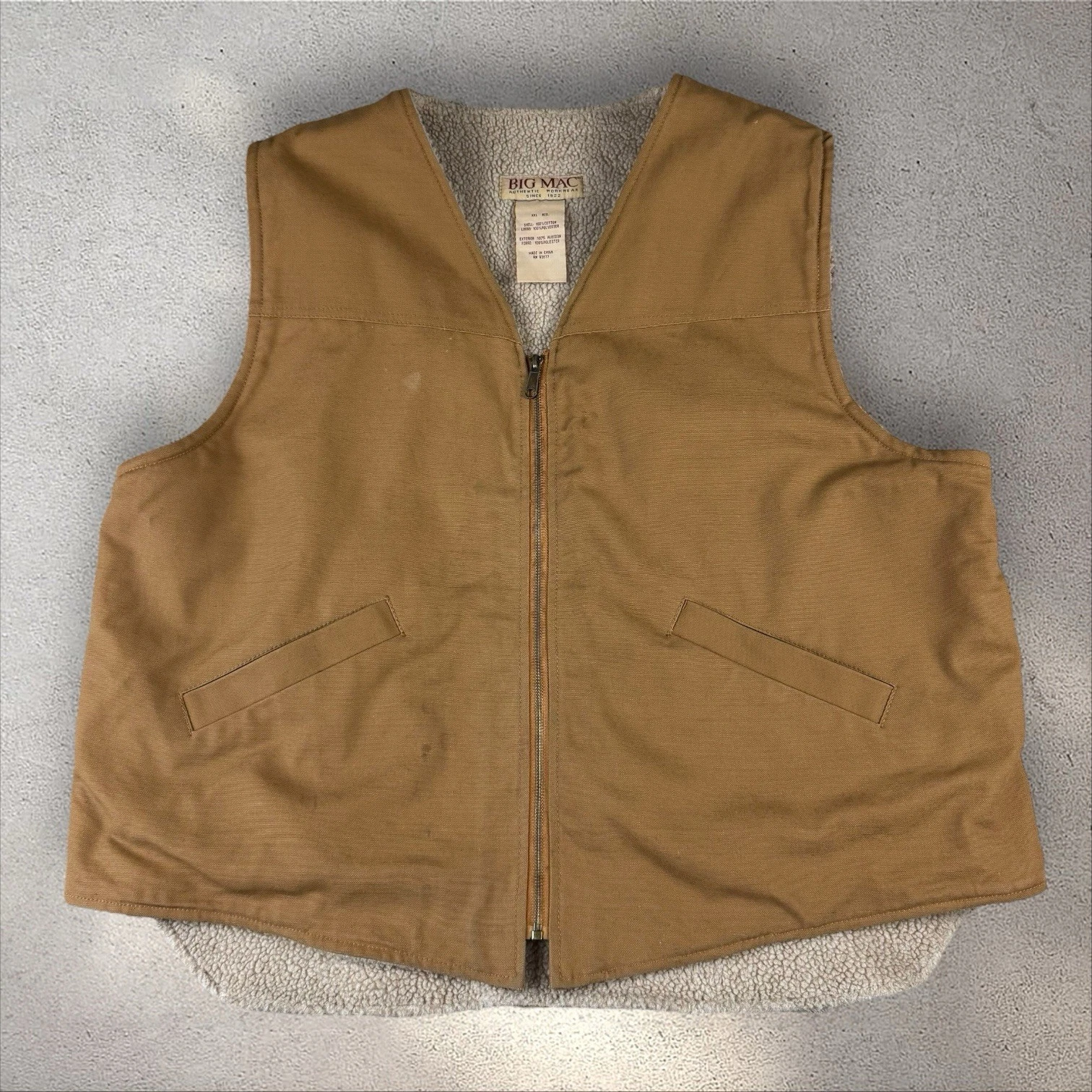 Vtg Big Mac Workwear Mens XXL Brown Canvas Sherpa Lined V-Neck Zip Vest