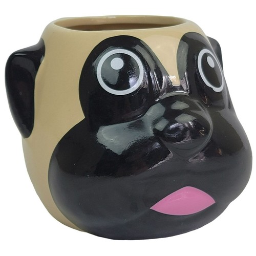 Mops Hund Becher 14 Unzen 3D geformt Keramik beige schwarz Haustier Kaffeetasse Geschenk Daumen hoch
