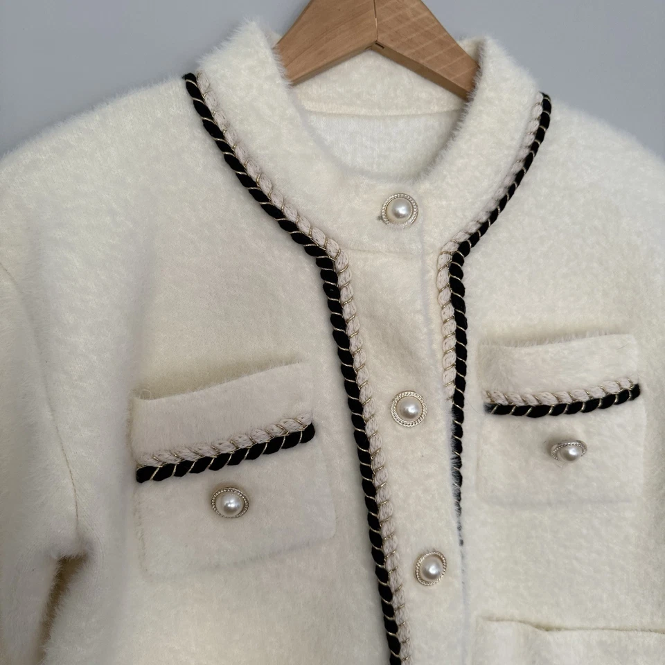 J.ING женщин слоновой кости мохера и хлопок смесь вязаный кардиган куртка черная отделка золото - Изображение 3 из 4