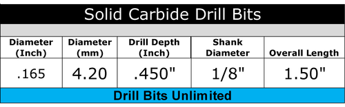 4.2mm .165" Carbide Drill Bit 1/8" Shank .450" Depth - Premium Solid Carbide - Picture 3 of 3