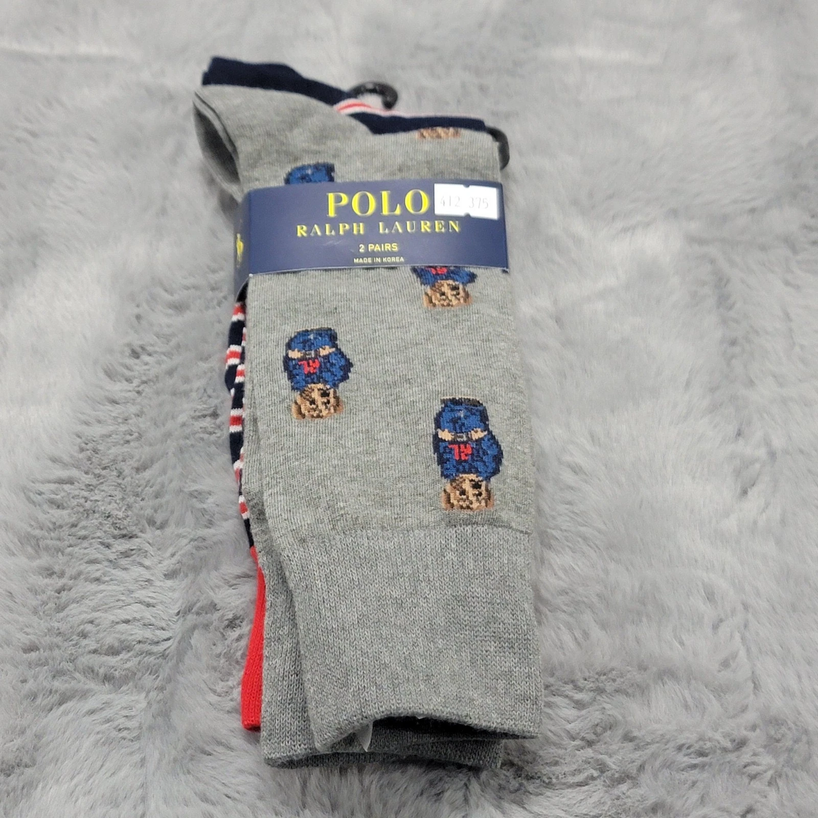 Polo Ralph Lauren Socks Mens 10-13 Gray Stripe Polo Bear Crew 2 Pack Mid Calf