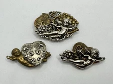 Lot Of 3 Vintage Gold Silver Tone Cherub Angel Flower Fruit Heart Button Covers